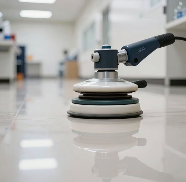 Close-up of a professional floor buffer with a high-gloss reflection on a perfectly polished commercial floor, bright clean overhead lighting, sharp focus, 35mm