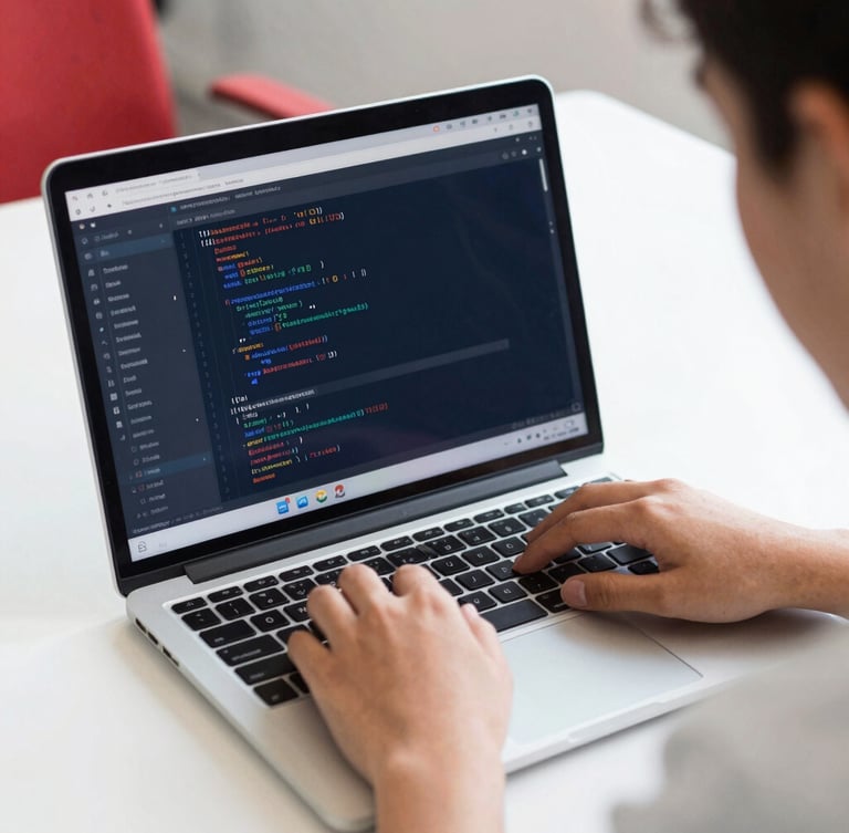 Close-up of a Chilean student working on a laptop displaying code and UI design, bright natural office daylight, deep navy and red accents, sharp focus, 35mm lens.