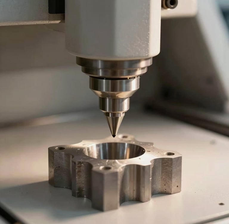 High-tech CNC milling machine carving a custom steel mold, clean industrial laboratory, soft warm lighting, macro lens.