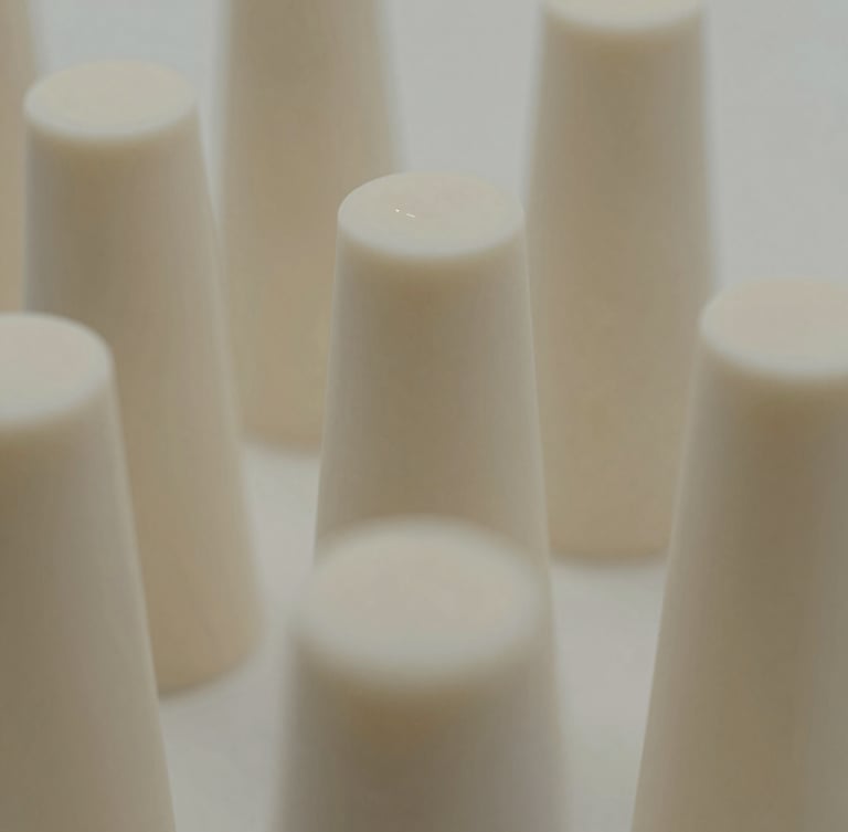 Close-up of raw liquid silicone curing in a cleanroom, soft architectural shadows, warm neutral tones, minimalist product photography.