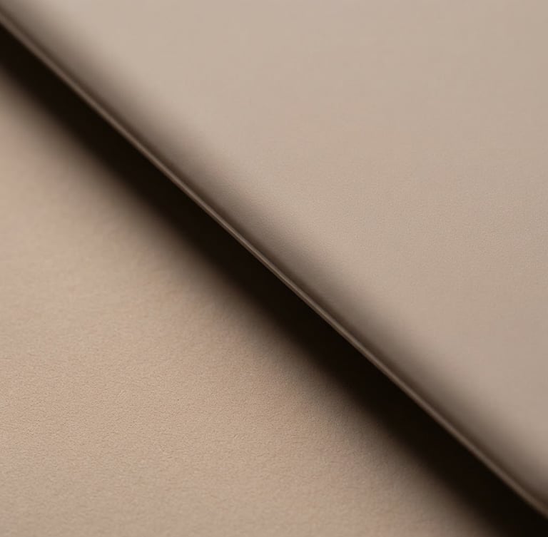 Macro photograph of a seamless matte liquid silicone edge, soft gallery lighting, warm taupe backdrop, sculptural shadow.