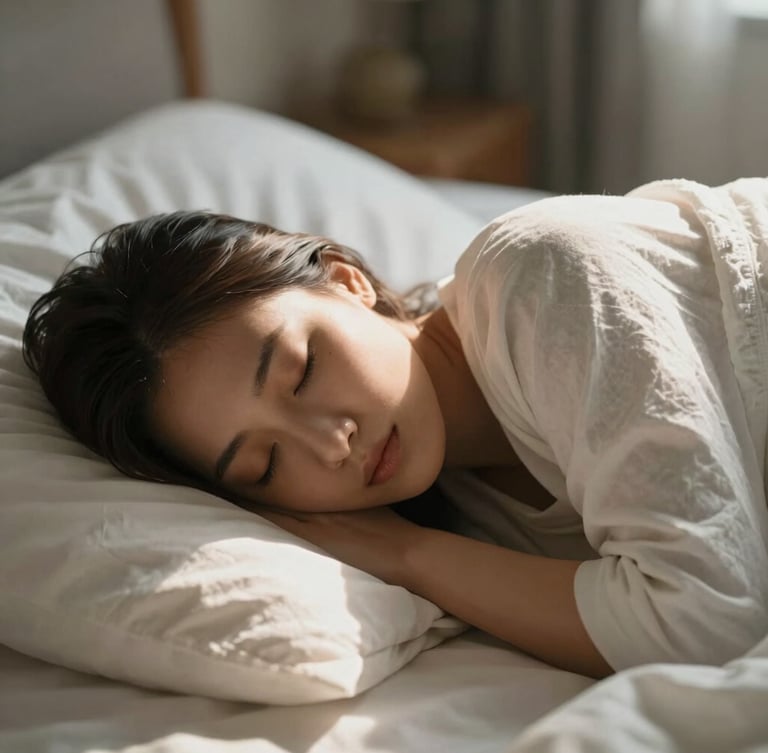 Intimate medium close-up of a person sleeping peacefully under soft white linen sheets, warm morning light diffusing across the room, shallow depth of field.