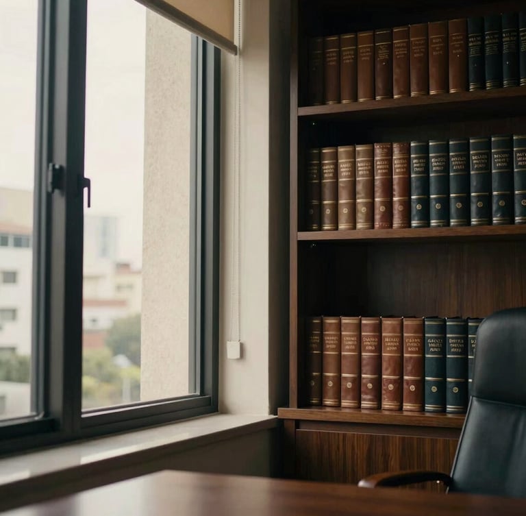 Warm editorial photography of a sober, high-end law office in São Paulo, soft morning light filtering through tall windows, leather-bound books on a dark wood shelf in the background, 35mm, shallow depth of field