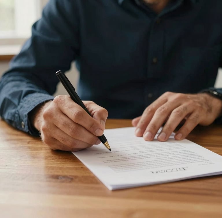 Close-up of hands signing a document on a solid wooden desk, warm natural window light, deep navy and warm ivory tones, shallow depth of field, 35mm
