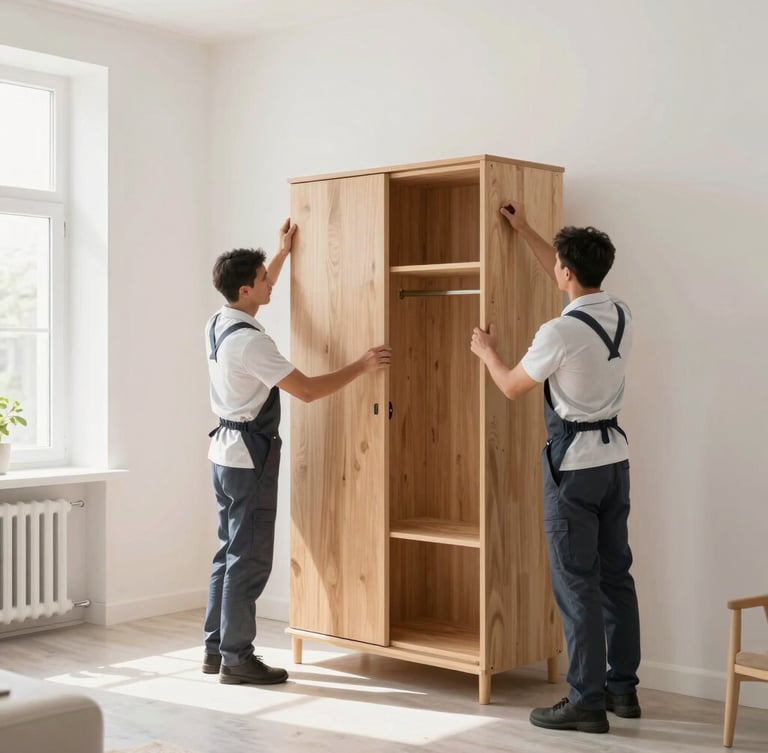 Professional logistics staff in clean uniforms carefully assembling a high-quality wooden wardrobe in a bright, sunlit room, soft daylight, Scandinavian interior