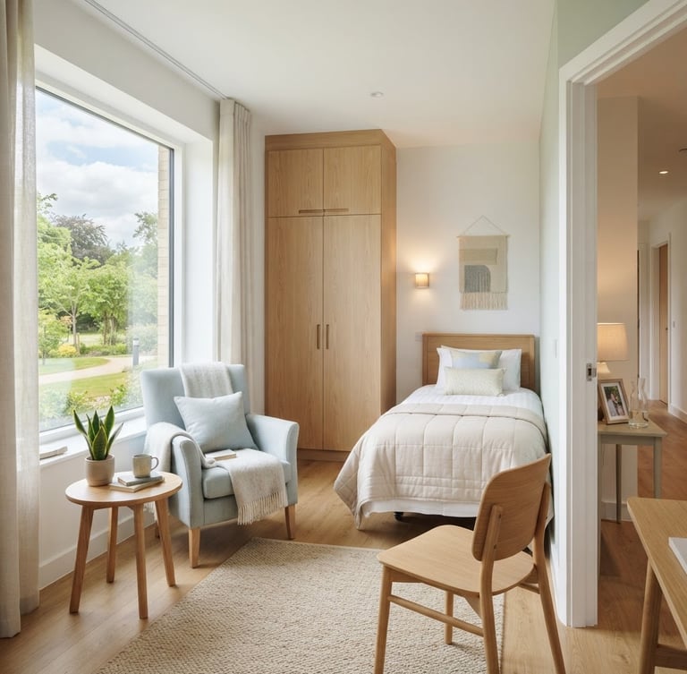 Bright Scandinavian interior photography of a clean, sunlit resident room in a care home, minimalist wooden wardrobe, soft natural daylight, high-end architectural lens