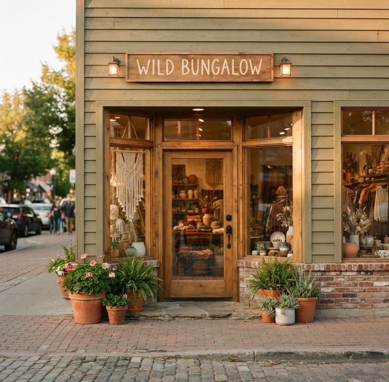 Straight-on warm architectural shot of the physical Wild Bungalow storefront in Emmett, Idaho, with a wooden sign, warm afternoon sun lighting the clean facade, 35mm lens, shallow depth of field