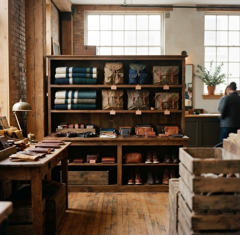 A warm, straight-on architectural shot of a modern heritage mercantile interior, featuring neatly arranged canvas packs, leather goods, and wool blankets on wooden shelves, illuminated by soft natural window light.