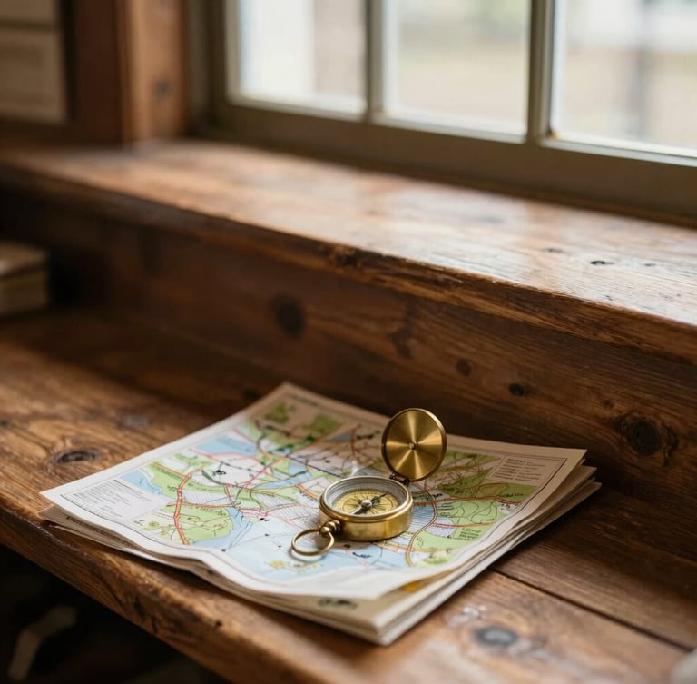 Warm editorial portrait of a rustic wooden counter inside the mercantile, soft natural light, a stack of trail maps and a vintage brass compass in the foreground.