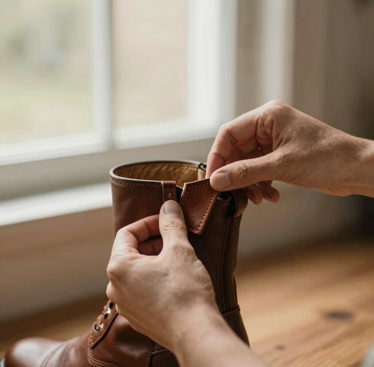 warm editorial photography, soft natural window light, rich earth tones, 35mm lens, shallow depth of field, close-up of hands adjusting a leather boot strap
