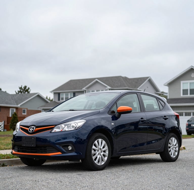 A used hatchback parked in a suburban Halifax driveway under overcast Nova Scotia sky, clean composition, 35mm