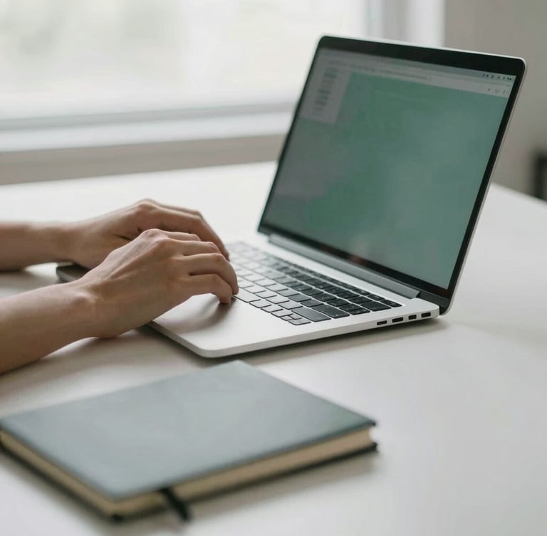 A clean desk setup with soft natural daylight, a hand adjusting a laptop screen next to a slate-grey notebook, shallow depth of field.