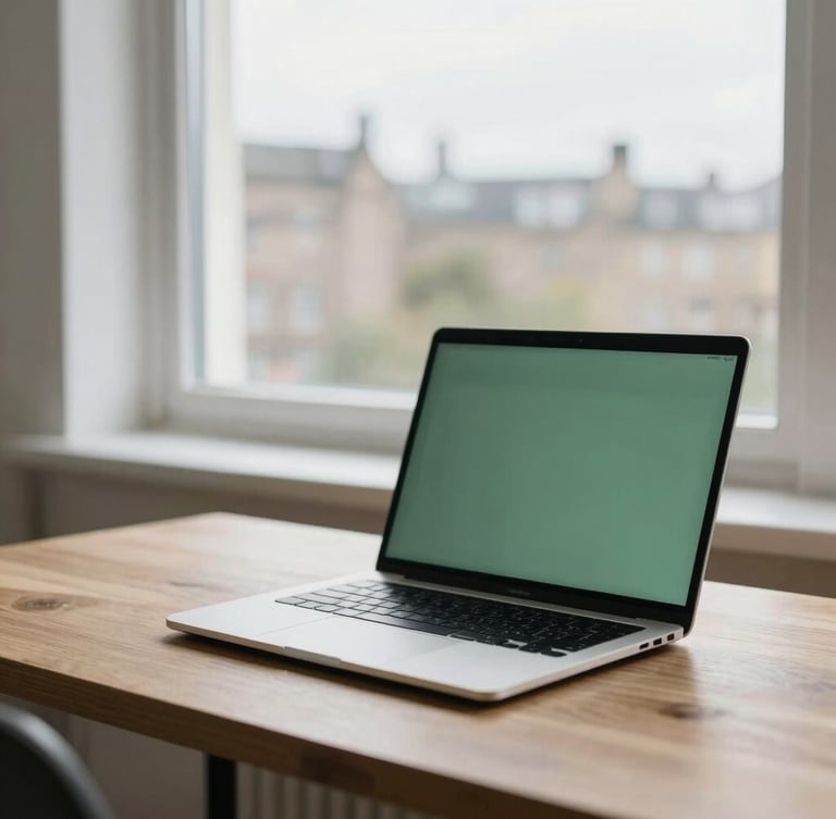 A quiet, high-quality photograph of a clean, natural-light workspace in Edinburgh, with slate and muted forest green tones, showing a laptop on a wooden desk with a soft overcast daylight window view, shallow depth of field, 35mm
