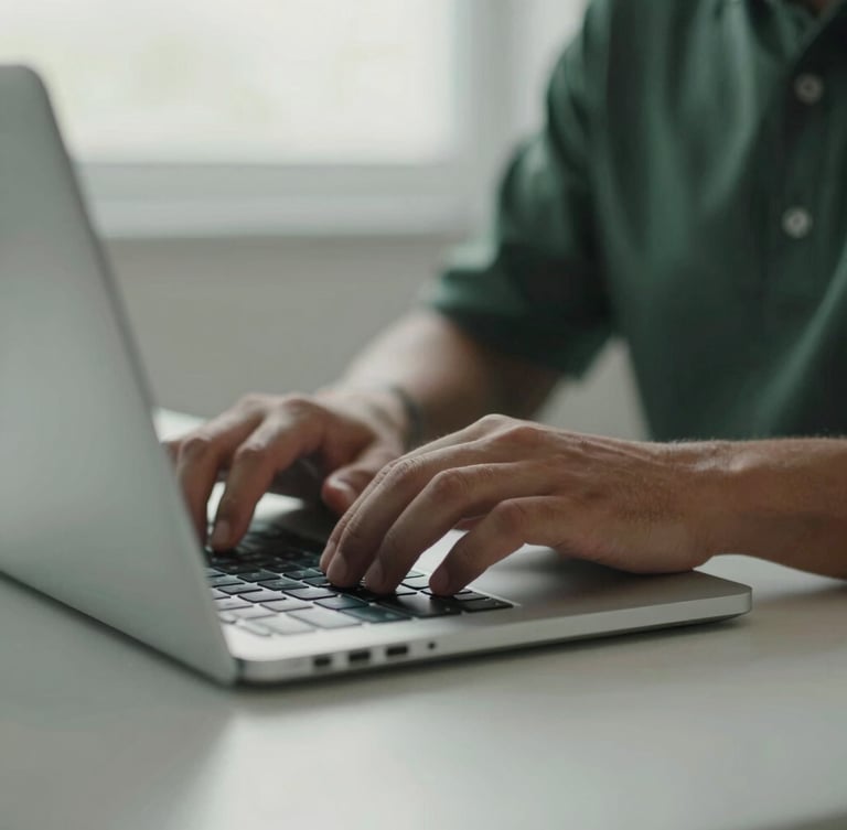 An editorial close-up of hands setting up a laptop on a clean slate counter under soft overcast natural daylight, muted slate and forest green tones, shallow depth of field