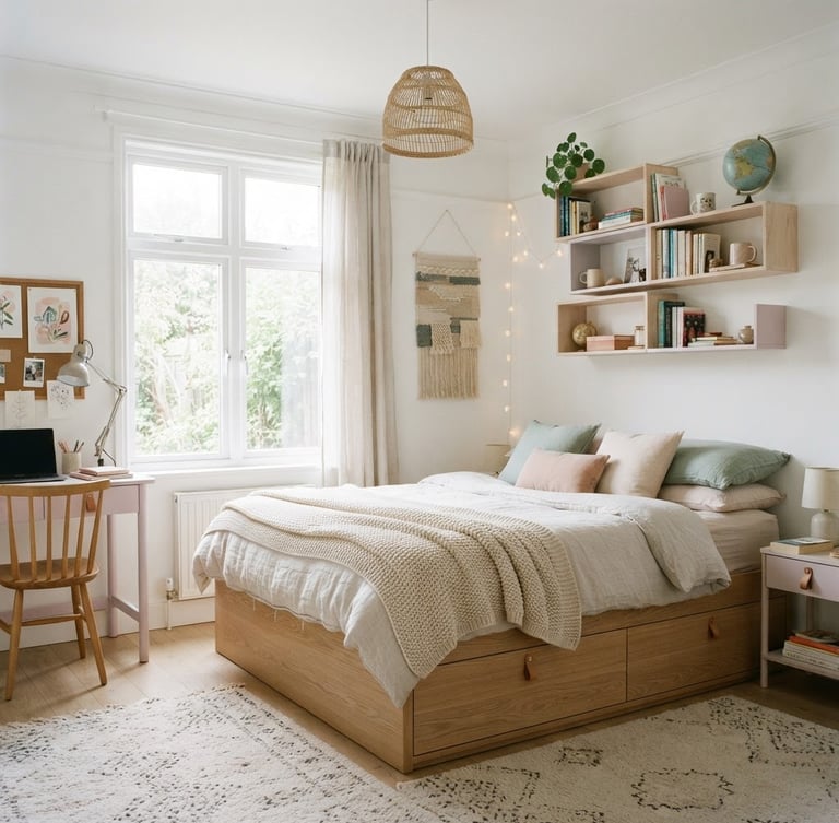 Bright, airy teen bedroom featuring a pastel wood storage bed and floating shelves, soft morning daylight, clean Scandinavian interior, 35mm