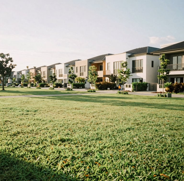 Wide environmental shot of Mahkota 1 neighborhood park in bright afternoon sunlight, manicured green lawns, clean architectural lines of modern homes in the background, warm inviting tones, 35mm