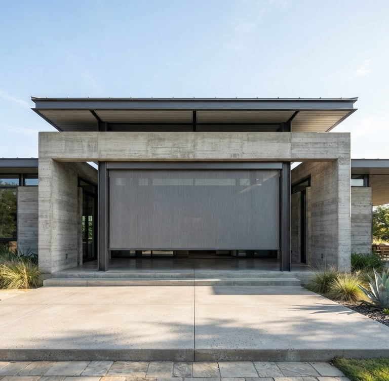 Wide-angle architectural elevation of a concrete pavilion, showcasing a recessed motorized screen, crisp daylight, high-contrast metallic and concrete tones.
