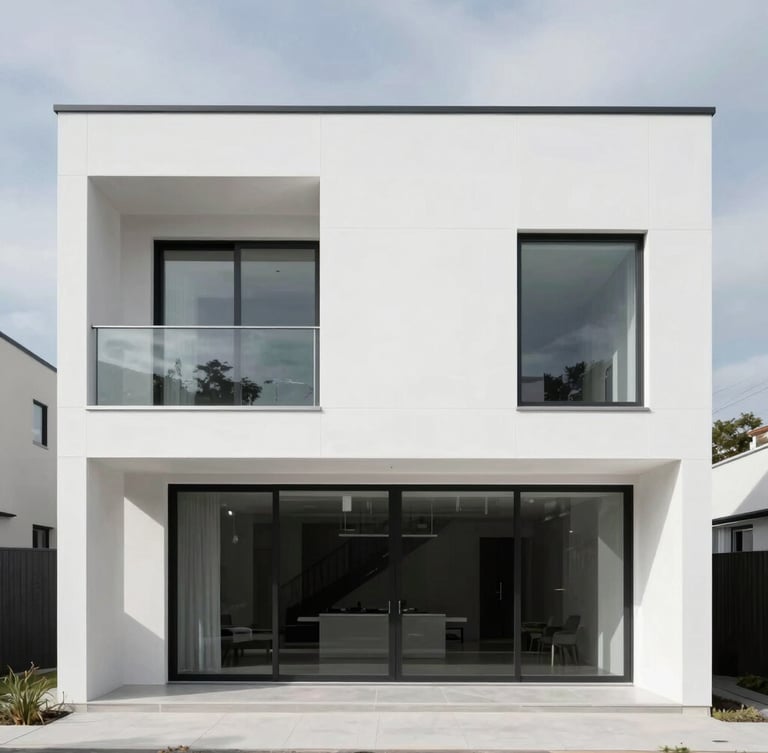 Straight-on architectural elevation of a modern minimalist home extension with pristine white silicone rendering under clear overcast daylight, crisp material junctions, 35mm