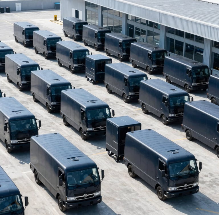 Wide shot of a fleet of identical, dark-colored, secure transport vehicles parked in organized alignment at a modern logistics hub, bright daylight, cool blue and slate tones, high-contrast.