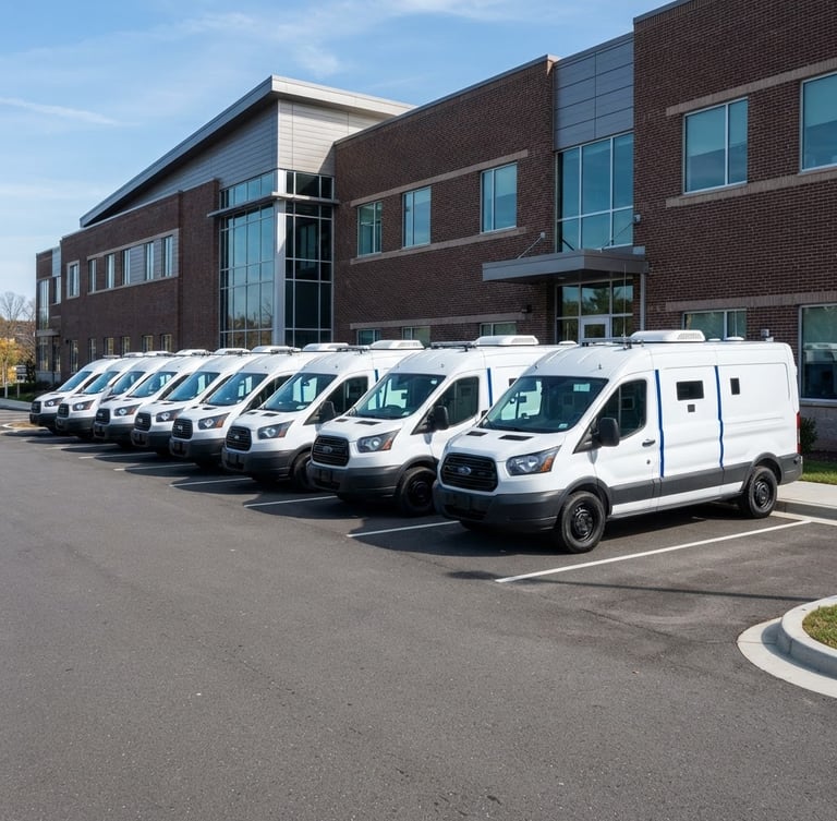 A line of white secure transport fleet vehicles parked in perfect alignment outside a modern brick facility in Silver Spring, bright daylight, sharp corporate photography.