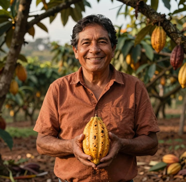 Warm editorial portrait of founder Irving Smith Piñin Ato smiling, standing in a sun-drenched cacao field in Las Lomas, Piura, holding a raw golden cacao pod, golden-hour natural light, rich chocolate tones, 35mm.