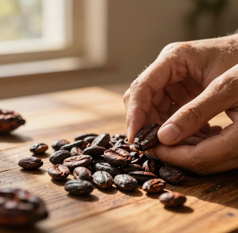 Macro shot of hands sorting dark, rich fermented cacao beans on a rustic wooden table, warm golden-hour sunlight streaming in from a side window, shallow depth of field, 35mm.