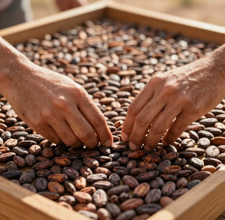 Close-up of hands sorting rich brown cacao beans on a wooden drying tray under warm Piura golden-hour sunlight, shallow depth of field, 35mm
