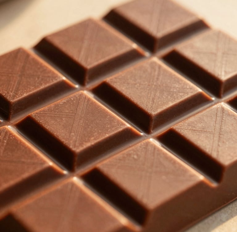 Close-up of a textured chocolate bar wrapper in warm terracotta tones, natural golden-hour lighting, shallow depth of field, 35mm