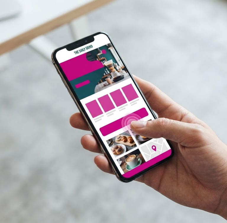 Crisp modern tech photography, bright clean studio lighting, a high-quality mockup of a fast-loading local business website on a modern mobile device, fingers touching the screen, 35mm