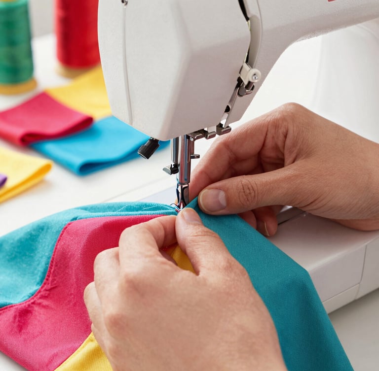 Hands carefully stitching a colorful pet garment on a sewing machine, soft natural workshop light, detailed close-up of fabric textures