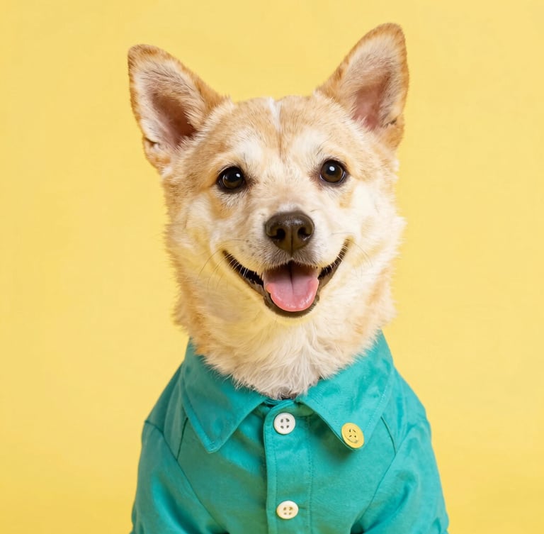 Bright studio photography, eye-level close-up of a happy small dog wearing a custom-tailored colorful teal shirt, soft natural daylight, vibrant yellow background, sharp focus, shallow depth of field, 35mm