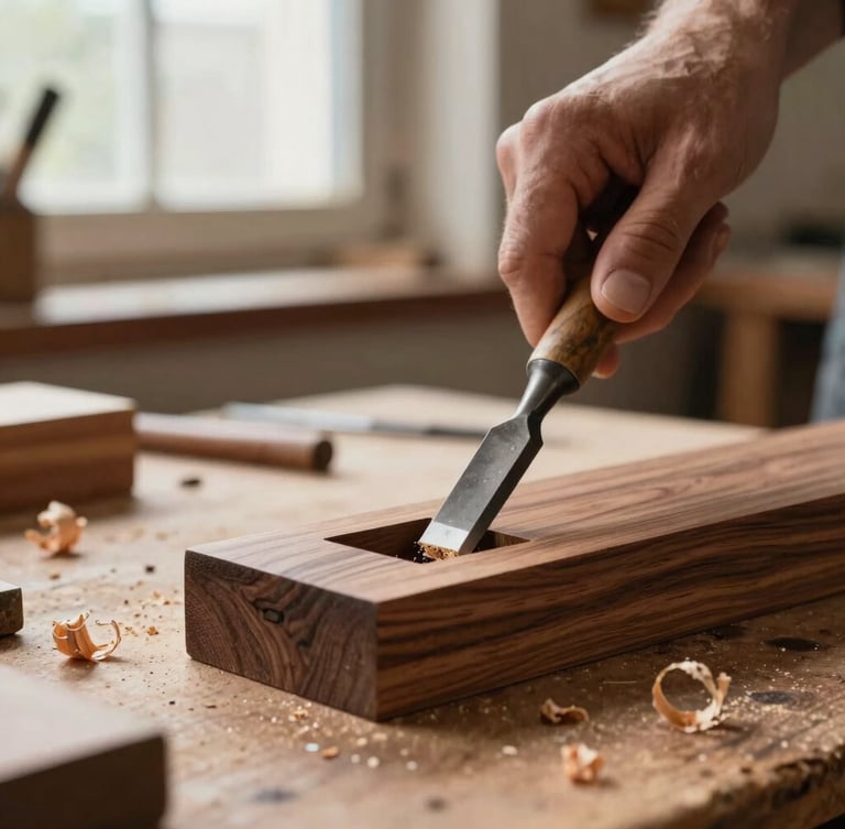 Close-up of a woodworker's hands using a traditional metal chisel on a solid walnut mortise joint, soft natural side lighting from a workshop window, wood shavings on a rustic workbench.