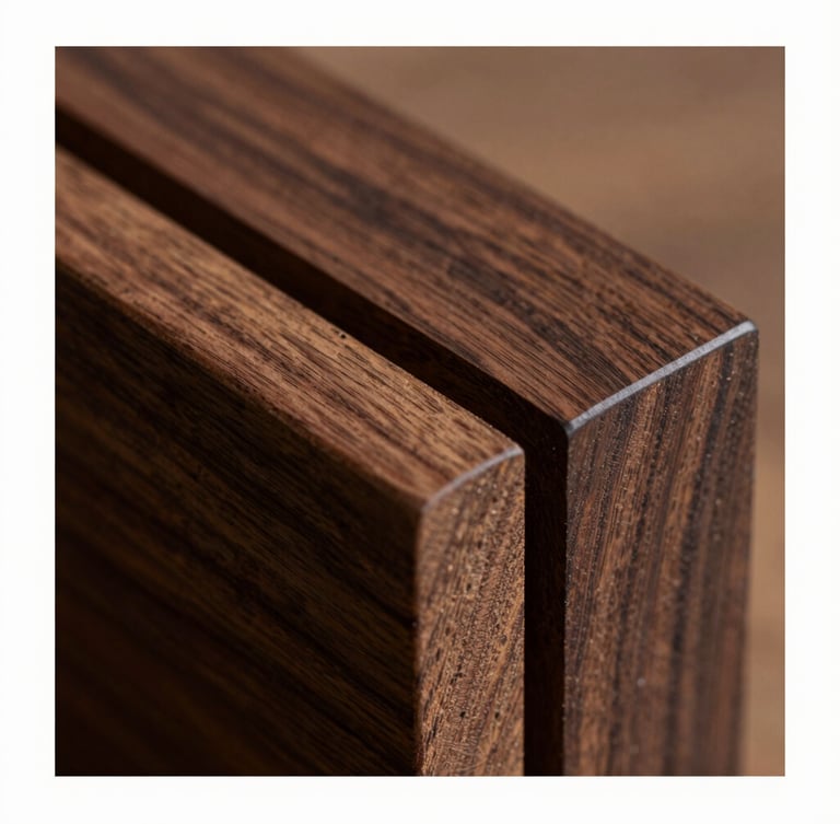 Macro close-up of a mortise-and-tenon joint in deep walnut wood, highlighting the rich natural grain and precise craftsmanship under soft directional light.