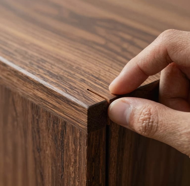 Macro close-up of a hand running over a perfectly joined mortise and tenon joint in dark walnut wood, soft natural side lighting