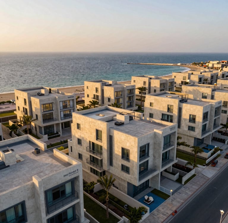 Wide-angle aerial architectural photography of DHA Phase 8 luxury villas along the Arabian Sea coast, golden-hour sunlight reflecting on clean modern concrete facades