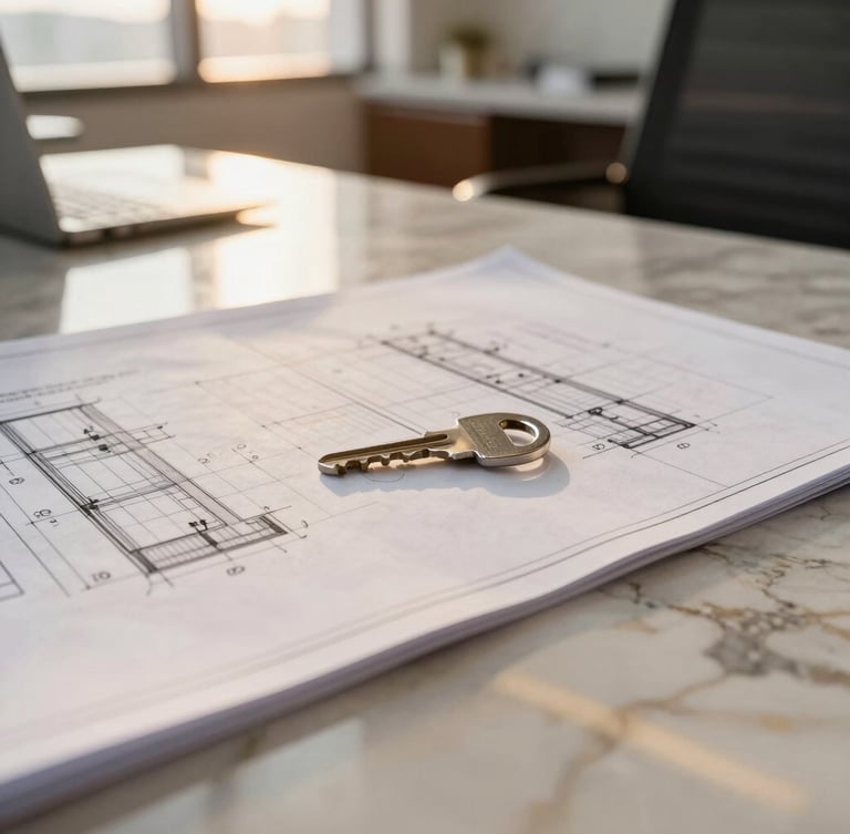Close-up detail of architectural blueprint documents and a sleek metal key resting on a polished marble desk inside a modern corporate office, soft daylight.