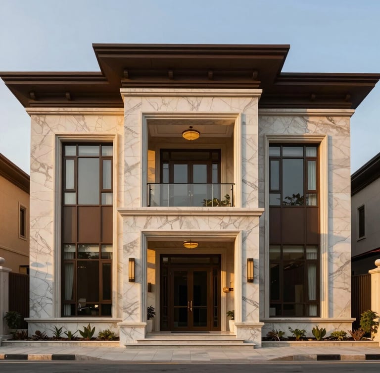 Symmetrical modern architectural facade of a luxury mansion in DHA Phase 8, warm evening light, sharp focus on premium marble finishes