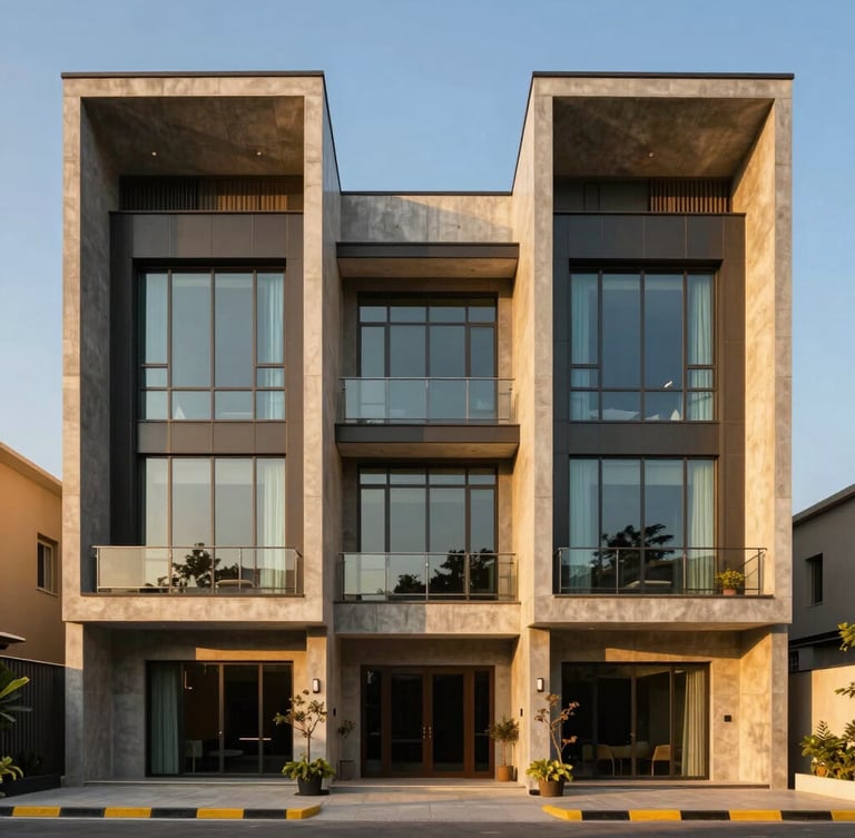 Symmetrical wide-angle architectural photograph of a modern luxury villa facade in DHA Phase 8 Karachi, golden-hour sunlight reflecting off clean concrete and glass.