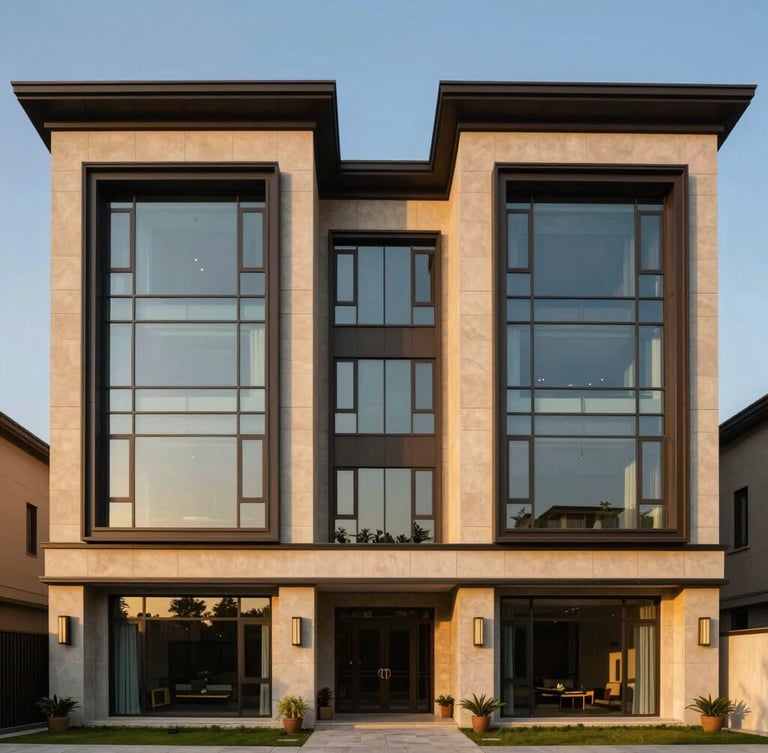 Symmetrical wide-angle architectural photograph of a modern luxury villa facade in DHA Phase 8, golden-hour sunlight reflecting off clean glass and concrete, rich tones.