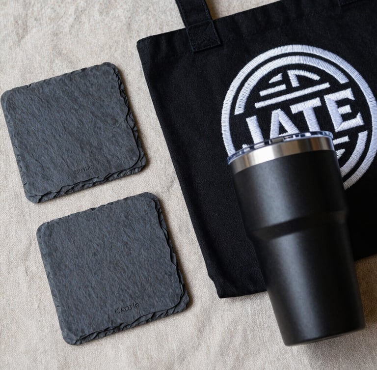 Macro flat-lay of finished custom products: a laser-engraved slate coaster, a heavy black canvas tote with dense white embroidery, and an anodized matte black tumbler, all arranged on a raw linen background