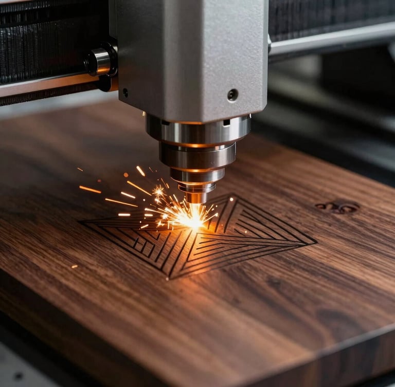 Macro close-up of a high-precision laser cutter head etching clean geometric lines into a dark walnut substrate, bright orange spark, sharp focus, industrial gallery style.