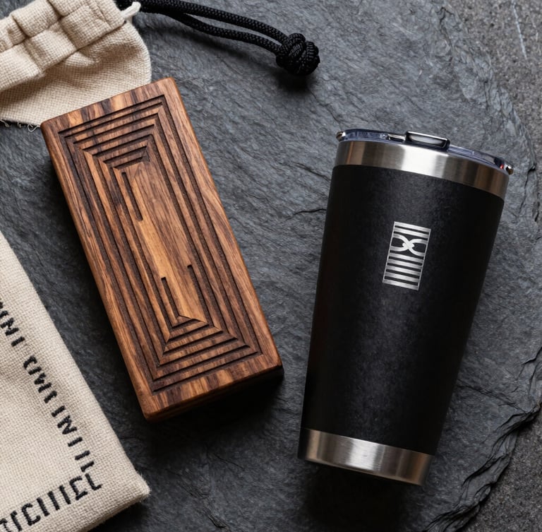Macro overhead flat-lay of custom fabricated goods on textured slate: a laser-etched walnut block with precise geometric lines, a heavy-weight canvas pouch with dense embroidery, and a matte black tumbler showing clean steel engraving.