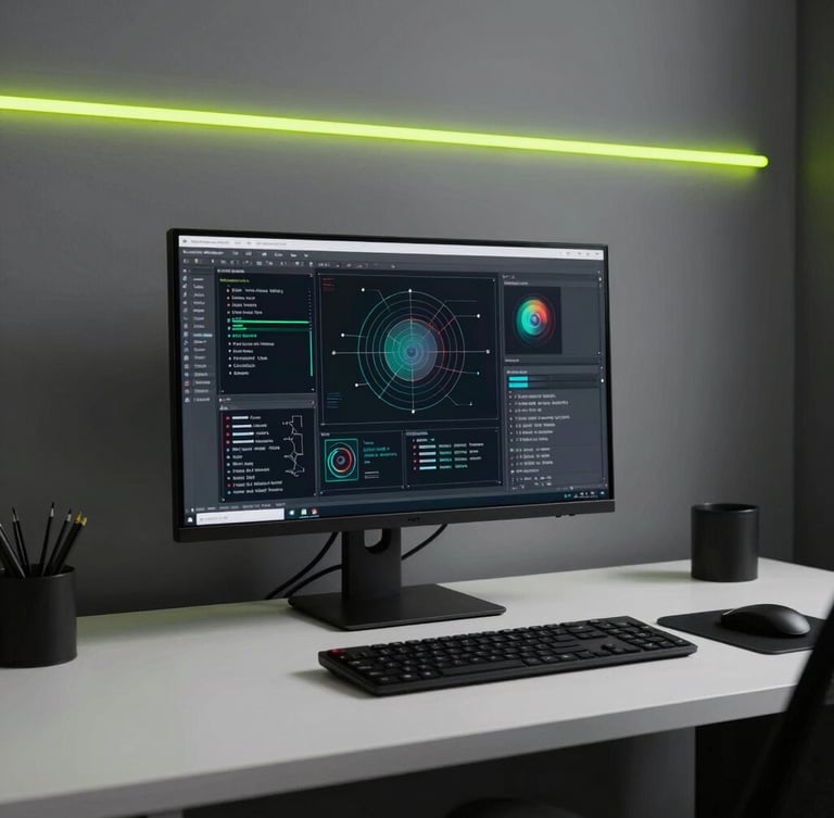 A modern workspace with a clean desk setup, a single monitor displaying technical diagrams, low-key ambient lighting with a sharp electric lime accent line, minimalist aesthetic.