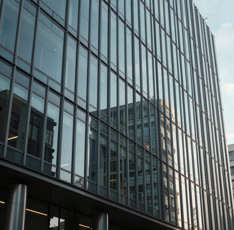 Wide environmental view of a modern glass-and-steel corporate headquarters facade, sharp architectural shadows, cool natural daylight, minimal composition.