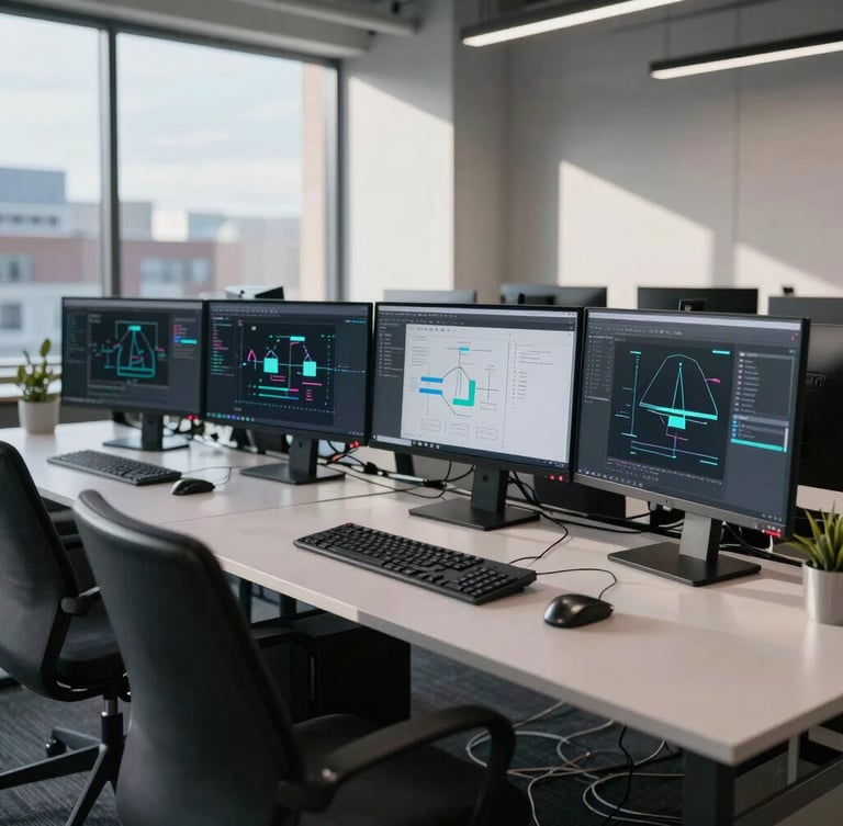 Wide environmental shot of a modern software engineering workspace in Nashua, complex multi-monitor setups displaying systems architecture diagrams, cool daylight, sharp architectural shadows.
