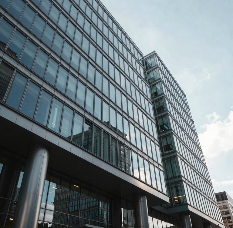 Wide environmental shot of a modern glass-and-steel corporate headquarters in cool natural daylight, architectural shadows, sharp angles, clean reflection.