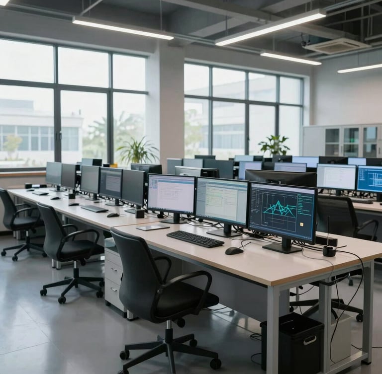 Wide environmental shot of a clean, daylight-filled engineering workspace with complex multi-monitor setups and architectural lines, cool natural light.