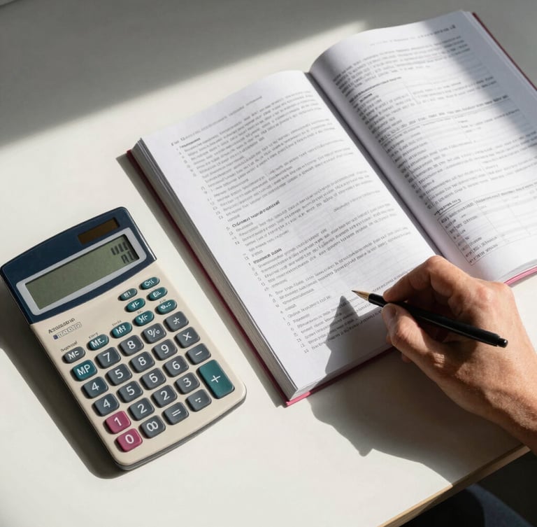 A clean top-down desk study with natural morning light, featuring a scientific calculator, a hand-annotated actuarial textbook, and a neat notebook showing active recall templates.