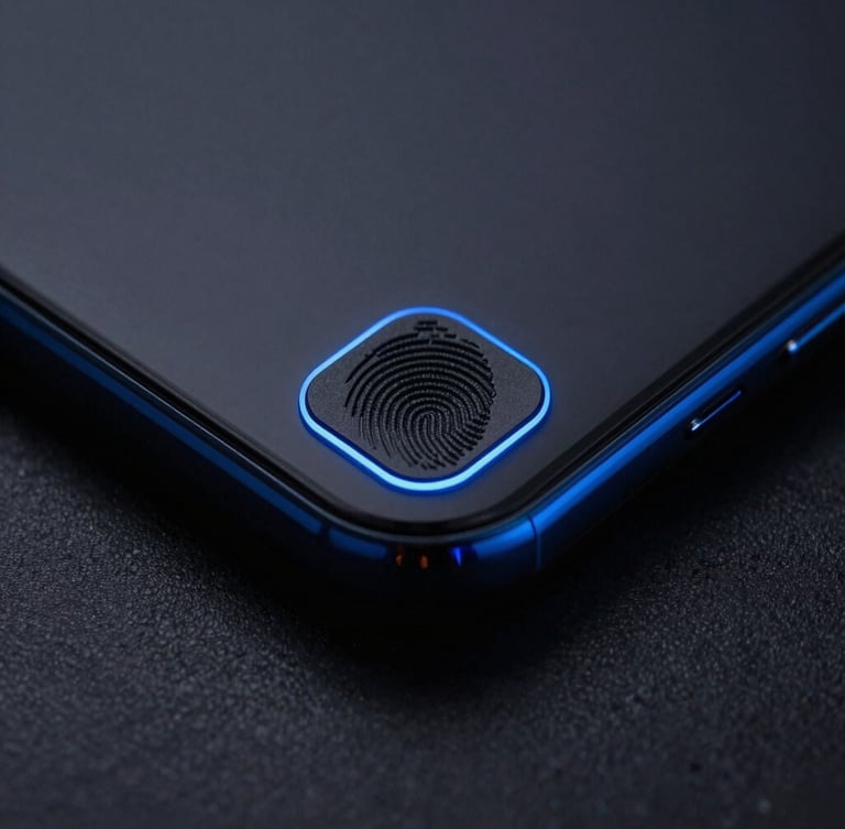 Macro close-up of a premium smartphone fingerprint sensor, moody blue edge highlights, dark slate background, high-contrast tech photography