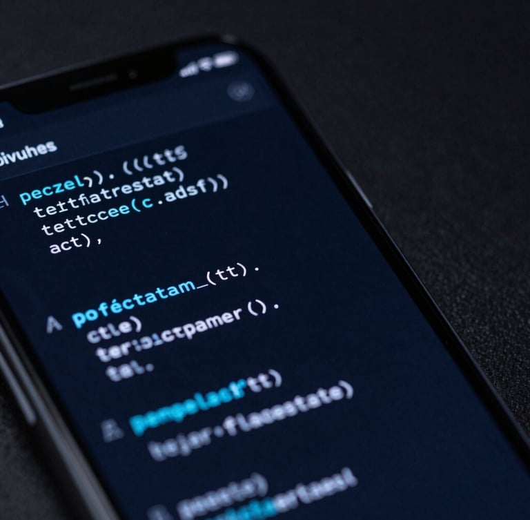 Macro close-up of a premium smartphone displaying a clean code interface, moody studio lighting, deep slate background with sharp cyber-blue highlights